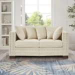 Goldoma convertible velvet loveseat sofa in apricot with tufted back and silver nailheads