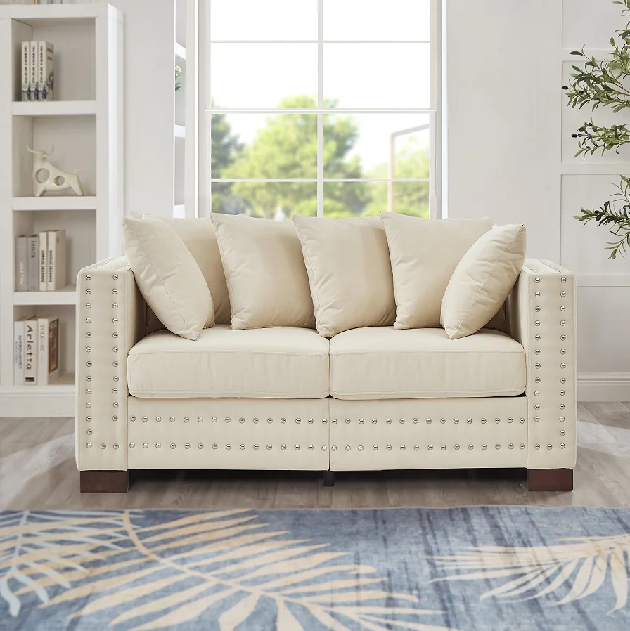 H5a4bf1ca5f714bbf8b332ba03820d5e7v.webp Goldoma convertible velvet loveseat sofa in apricot with tufted back and silver nailheads