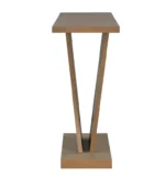 Modern solid wood console table with V-base and storage shelf in a living room