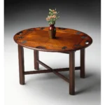Goldoma 30-inch oval mango wood coffee table with brown top and dark brown base in a living room