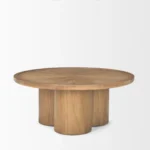 Goldoma 39-inch natural solid wood round pedestal coffee table with mango oak and scalloped base in living room