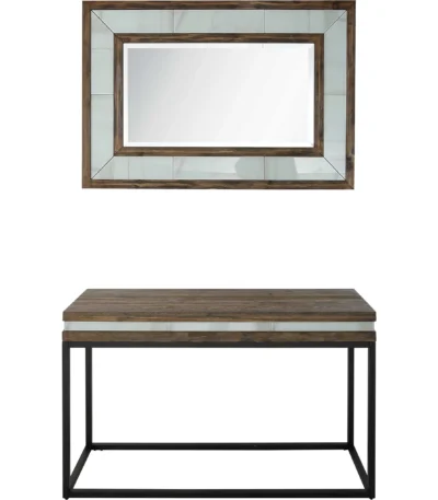 Goldoma 47 inch solid wood console table with faux marble top and mirror in brown, white, and black
