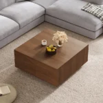 Goldoma Nordic square wooden coffee table with 4 drawers in a modern living room setting