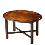Goldoma 30-inch oval mango wood coffee table with brown top and dark brown base in a living room
