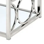 Modern coffee table with tempered glass top and steel frame in a living room