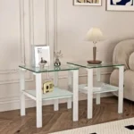 Goldoma set of 2 tempered glass side tables with two-tier round shelves in living room