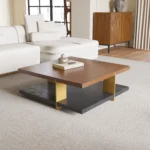 Goldoma modern coffee table in stainless steel and wood with square top and oval side shelf for living room