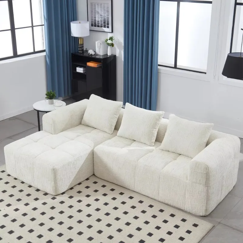 H5d7bffe71d264ea29670028f42cd1b16f.webp Modern L-shaped sectional sofa with chaise lounge in beige chenille fabric featuring deep seating and side pocket