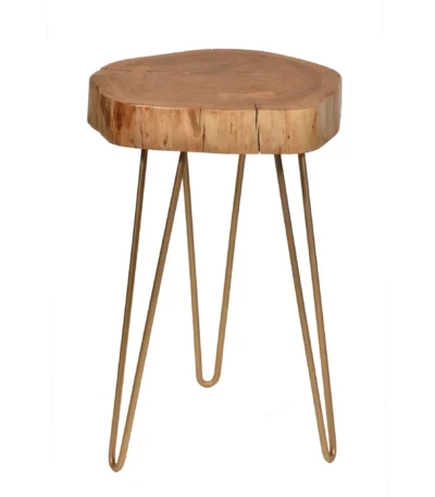 26 inch round end table with natural solid wood top, gold iron base, and convertible glass top by Goldoma