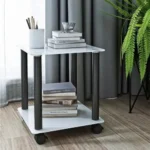 White oak end table set with two-tier design and wheels, modern living room furniture by Goldoma