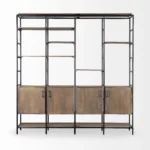 Goldoma 90-inch tall bookcase brown metal and wood shelves with lower cabinets in a living room