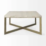 Goldoma 34 inch beige square coffee table with wood top and metal frame in a modern living room