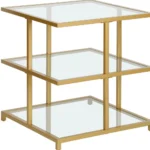 Goldoma brass and glass end table with two shelves, clear glass top, and brass steel base for living room