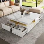 Modern white square coffee table with 4 drawers in living room - Goldoma
