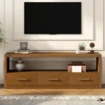 Goldoma modern wood TV stand with adjustable drawers holding a large flat-screen TV in a living room