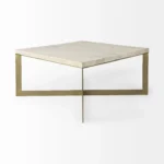 Goldoma 34 inch beige square coffee table with wood top and metal frame in a modern living room
