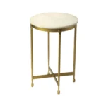 Antiqued gold and white marble round end table with distressed gold iron base and genuine marble top on white background