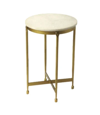 Antiqued gold and white marble round end table with distressed gold iron base and genuine marble top on white background
