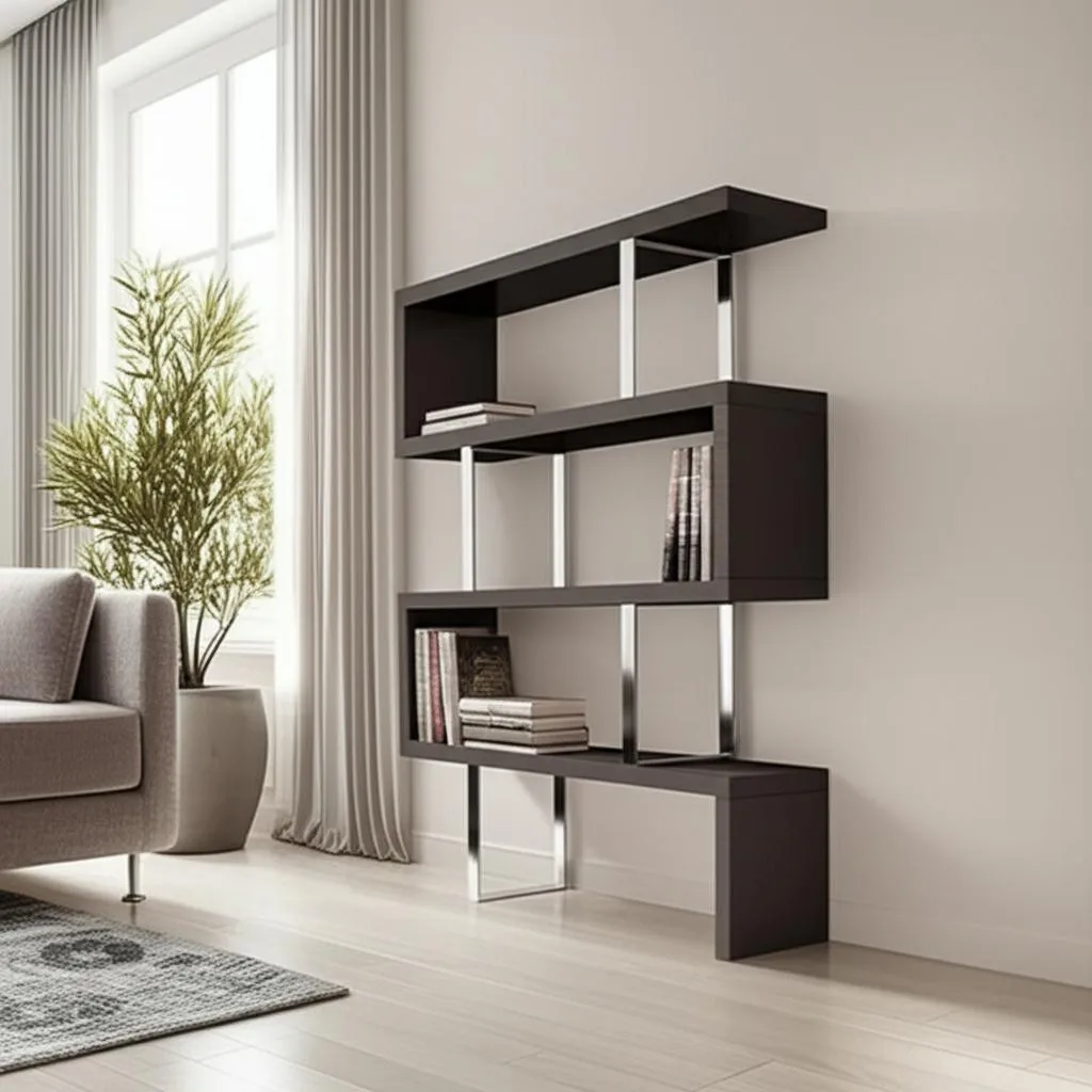 H5f9bd8231e7b45c4a1acee5dd17398354.webp HMS 67 Espresso and Silver Metal Three-Tier Etagere Bookcase Wood Bookshelves & Bookcases - Image 1