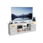 Goldoma Modern LED TV Stand with white marble pattern and storage, featuring built-in lighting and ample shelving for a stylish living room