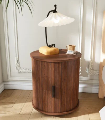Cylinder end table with charging station in natural wood finish, featuring sliding door storage and USB ports