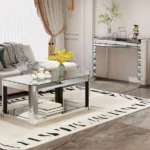 Goldoma lift top coffee table with baked curved mirror surface and wood frame in a modern living room