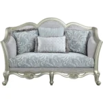 Goldoma Light Gray and Champagne Linen Damask Loveseat with Toss Pillows – side view
