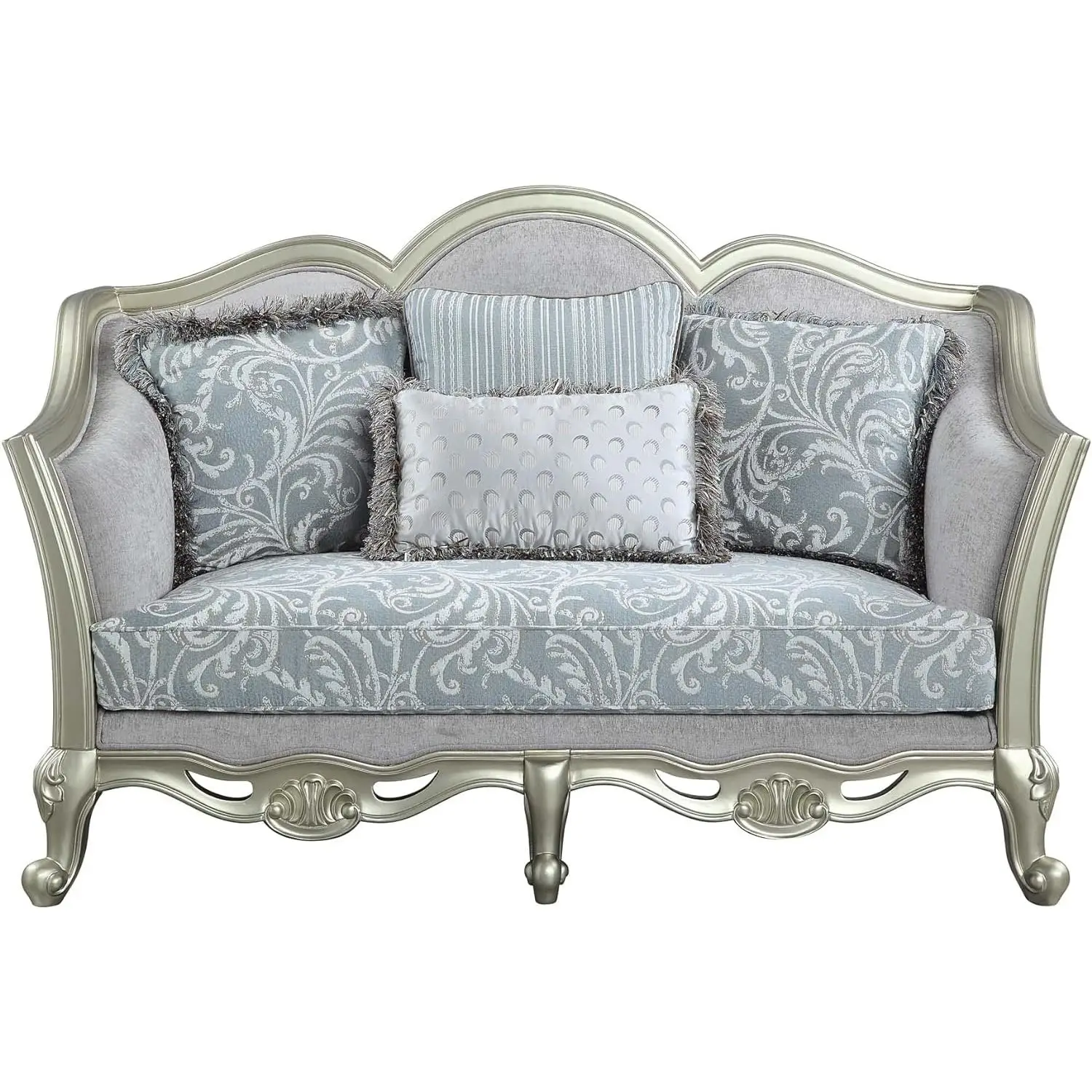 Goldoma Light Gray and Champagne Linen Damask Loveseat with Toss Pillows