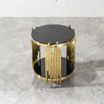 Goldoma modern round glass coffee table with gold stainless steel base in living room setting