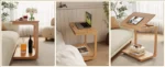 Goldoma C-shaped end table with lockable wheels in natural wood finish, placed under a sofa as a rolling side table
