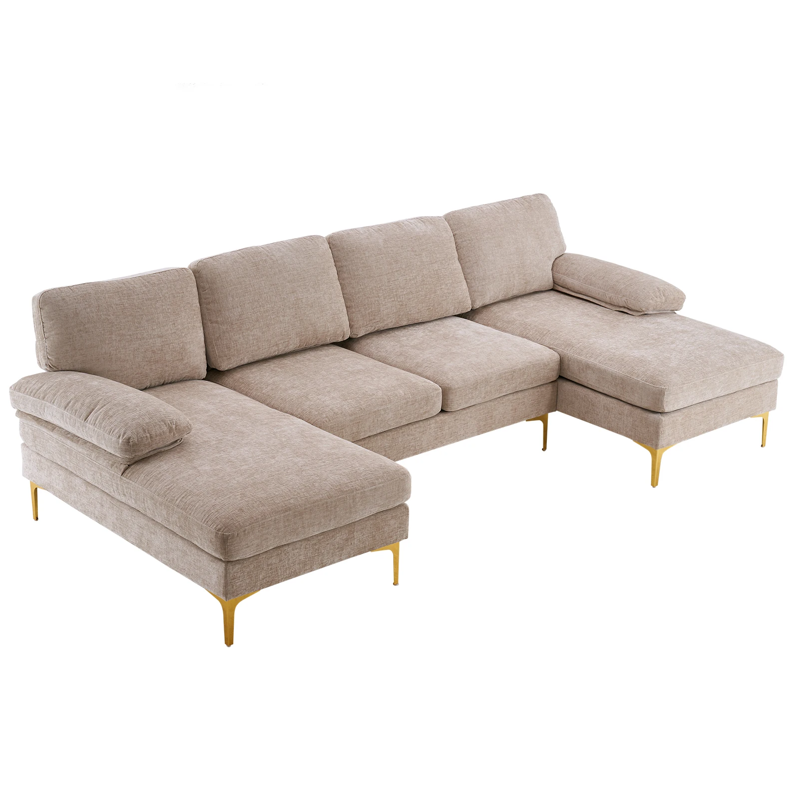 H60e00038e1454deaa6fbeedbeb180cbdV.webp Goldoma U-Shaped 4-Seat Indoor Modular Sofa with Chaise Lounge in camel chenille fabric and gold legs