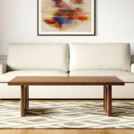 Double pedestal coffee table with brown solid wood top and natural wicker rattan base, square shape 42 inches, modern tropical design for living room