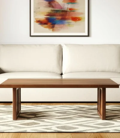 Double pedestal coffee table with brown solid wood top and natural wicker rattan base, square shape 42 inches, modern tropical design for living room