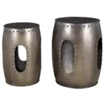 Goldoma nickel iron round end table with rivet detailing and convenient cutout for easy carrying