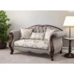 Goldoma genuine leather loveseat in beige and dark brown with tufted backrest and toss pillows