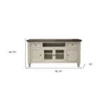 Goldoma 79 inch solid wood distressed ivory TV stand with open shelving and cable management for living room