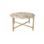 Goldoma 32 inch round genuine marble coffee table with brown marble top and gold metal base in living room setting