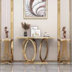 Modern marble console table with stainless steel frame in entryway