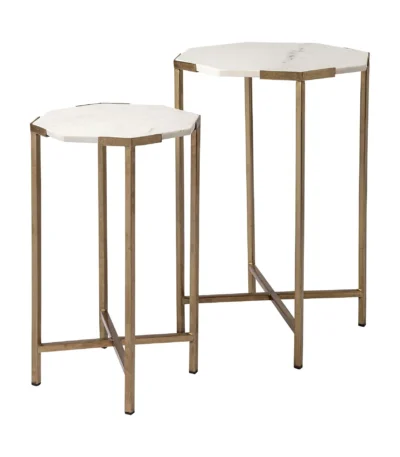 White marble end table with gold metal frame - Goldoma 25" round side table for living room