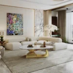 Modern sintered stone coffee table with stainless steel base in a stylish living room setting