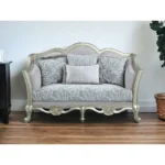 Goldoma Light Gray and Champagne Linen Damask Loveseat with Toss Pillows – close-up detail