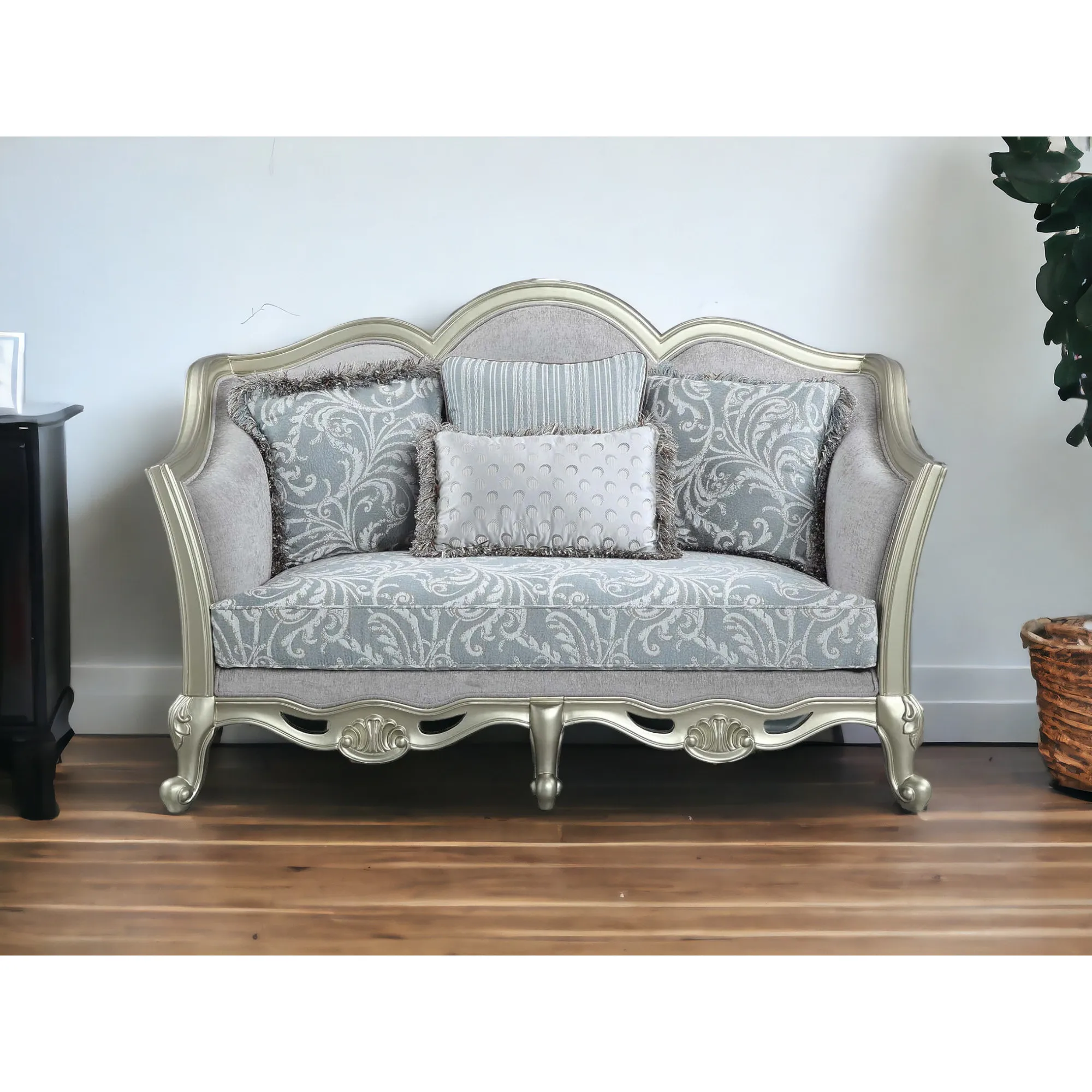 Goldoma Light Gray and Champagne Linen Damask Loveseat with Toss Pillows