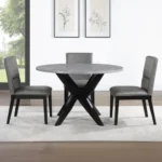 Goldoma Amy 5-Piece Faux Marble Dining Set with gray faux-leather chairs and round table in a modern dining room