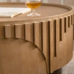 Goldoma mid-century modern round coffee table with carved wood design - solid wood coffee table for small living room