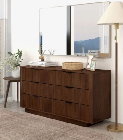 Goldoma solid pine wood dresser with 6 drawers and mid century modern design used as a TV stand in a living room