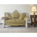 Goldoma 70 inch golden yellow and pearl faux leather loveseat with toss pillows in living room