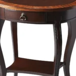 Goldoma brown wood oval coffee table with drawer and shelf in a farmhouse living room