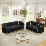 2 Piece Velvet Luxury Chesterfield Sofa Set 84.6" 3 Seater 62.6" Loveseat Modern Hotel Living Room Gold Stainless Steel 4