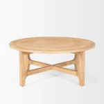 Round coffee table 39 inch natural and white distressed solid wood in a farmhouse living room