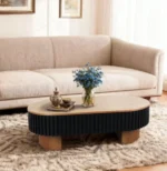 Modern hidden storage coffee table with solid wood veneer in elliptical shape, featuring a removable top for storage access